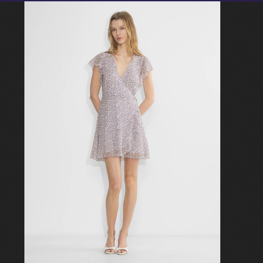 Wilfred | Lawn Wrap Mini Dress | Pink Floral Chiffon Ruffle | Size M | Aritzia - Picture 3 of 5